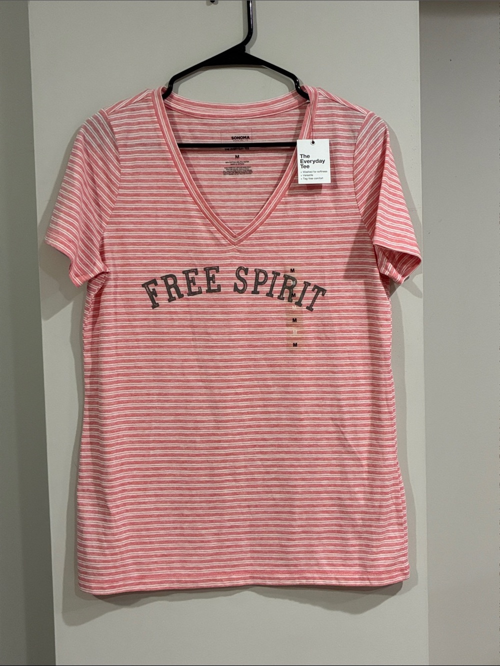 Sonoma Pink NWT Striped V-Neck Tee with 'Free Spirit' Graphic